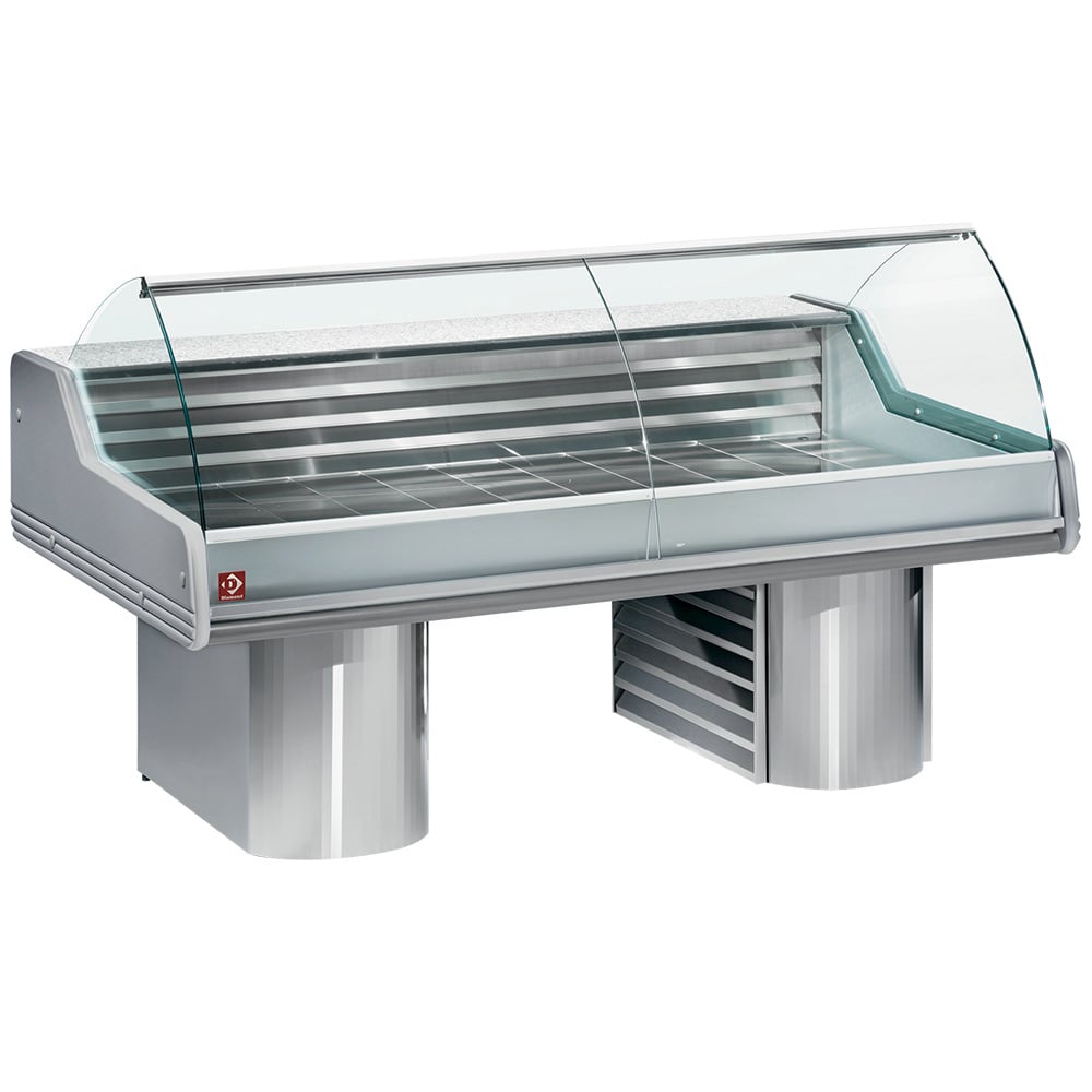 Refrigerated display counter with curved glass, on bases