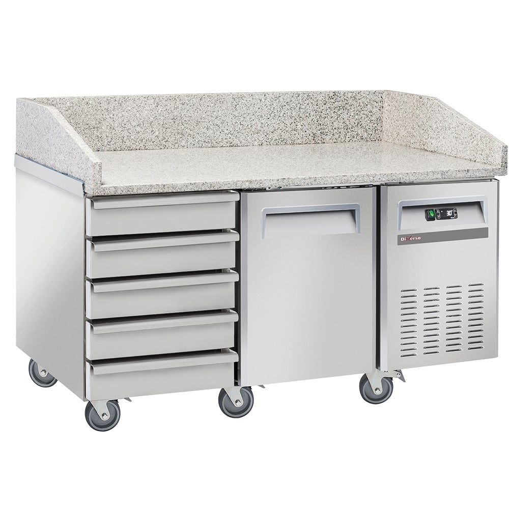Refrigerated pizza table, 1 door EN 600x400, 5 neutral drawers EN 600x400, on wheels, 2 with brakes