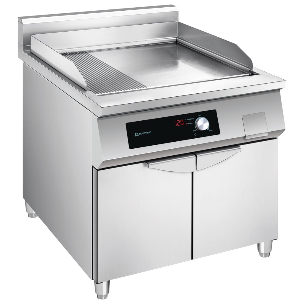 Induction griddle with 1/3 grooved plate and 2/3 smooth on closed cabinet