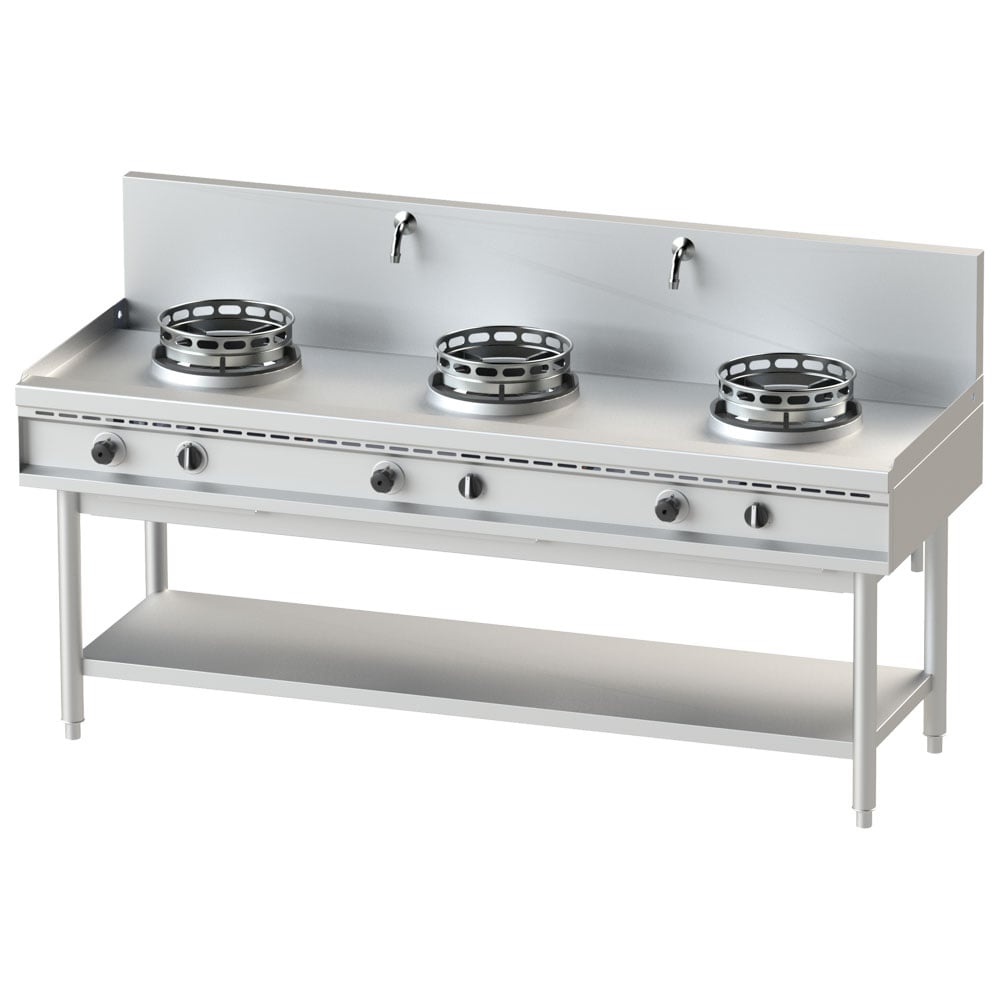 gas wok hob with shelf, 3 burners, 2 water taps