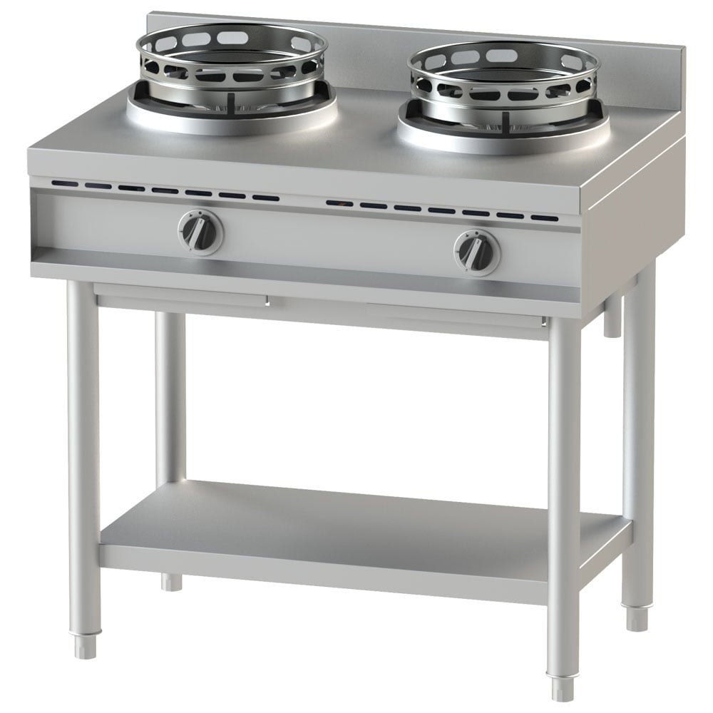 gas wok hob with shelf, 2 burners
