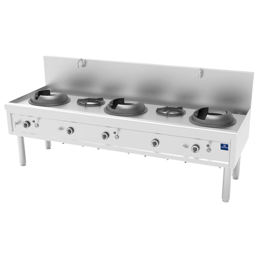 Gas wok hob with 3 burners 27,5 kW + 2 soup burners 9,2 kW, 2 water taps