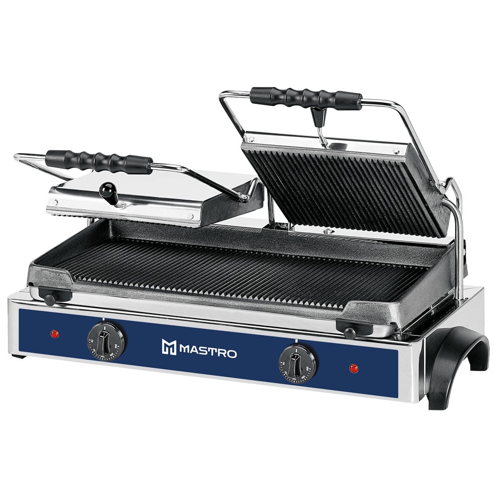 Contact grill with 2 cast iron plates, grooved/grooved, 550x245 mm