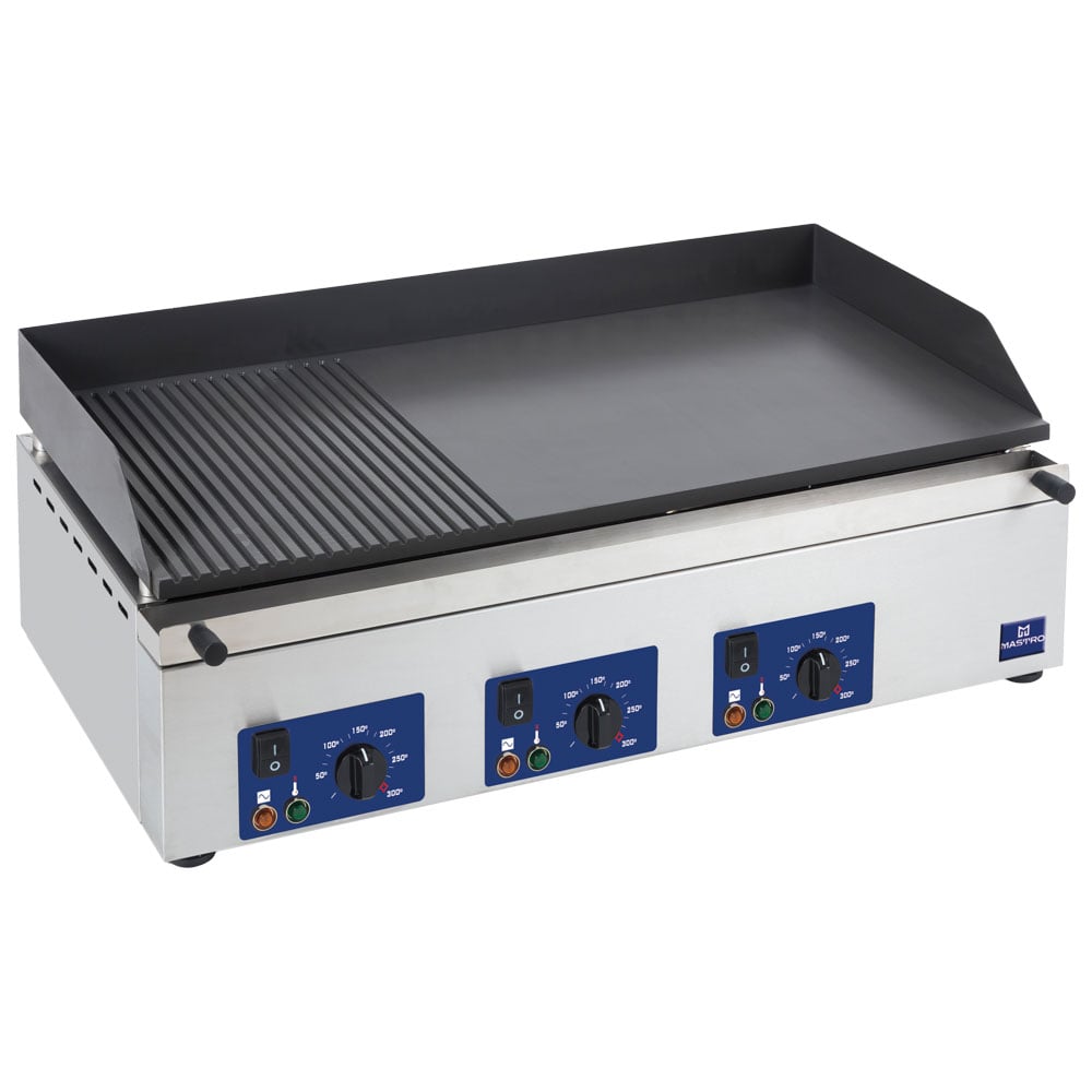 Electric griddle plate with 3 grill zones, tabletop, 2/3 smooth and 1/3 grooved plate