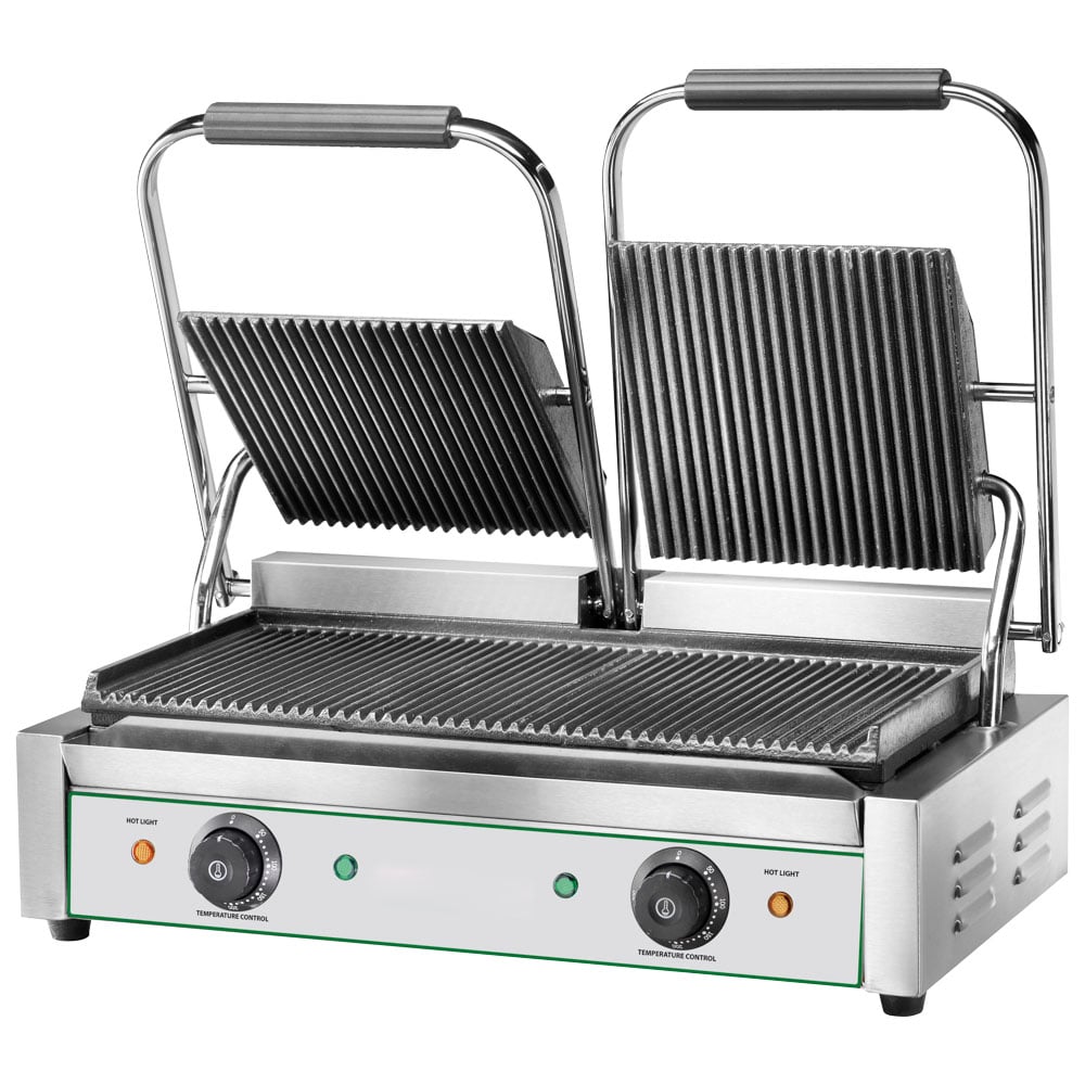 Contact grill with 2 cast iron plates, grooved/grooved, 2x 230x240 mm
