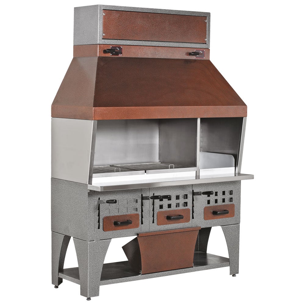 Charcoal grill on cupboard with charcoal drawers and exhaust, 2 zones total 1020x530 mm