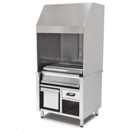 Charcoal grill on cupboard with charcoal drawer and exhaust, 2 zones total 1200x600 mm