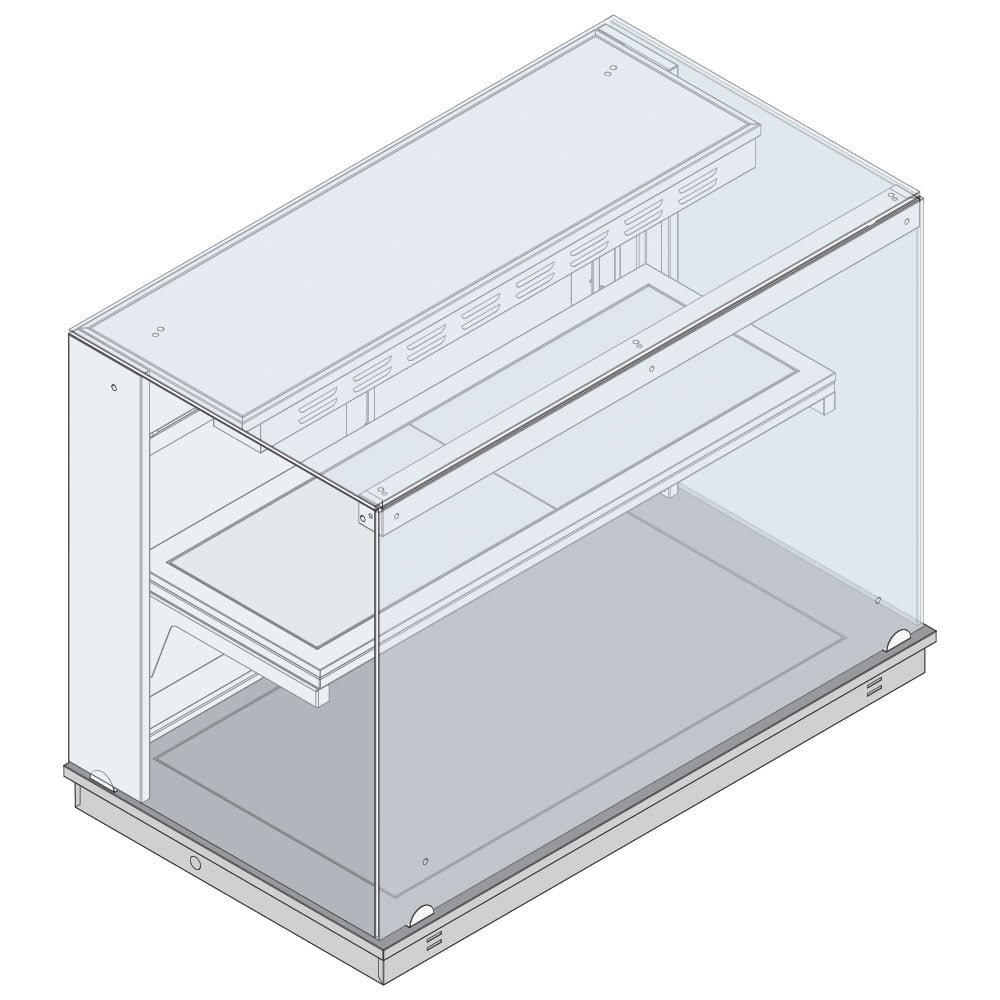 Heated static square display with 1 shelf on heated top plate, closed on customers side, 3x GN 1/1