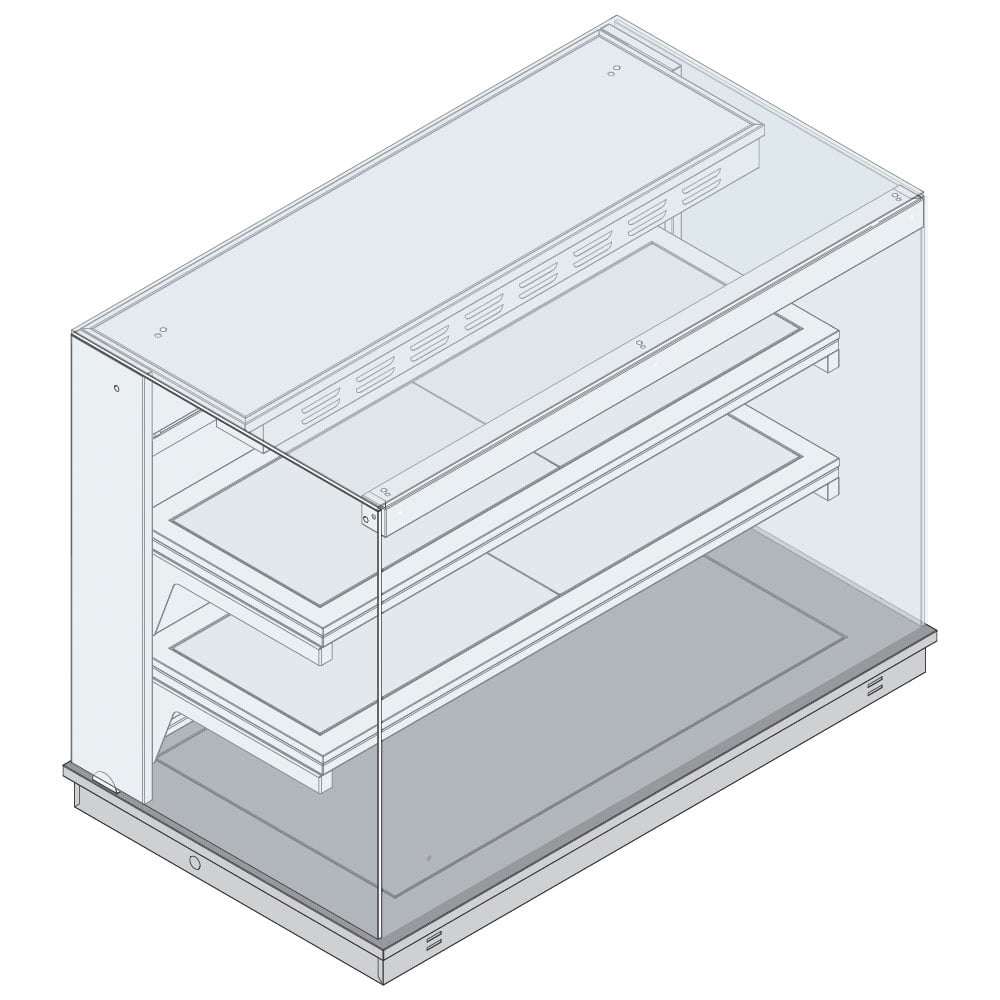 Heated static square display with 2 shelves on heated top plate, closed on customers side, 4x GN 1/1