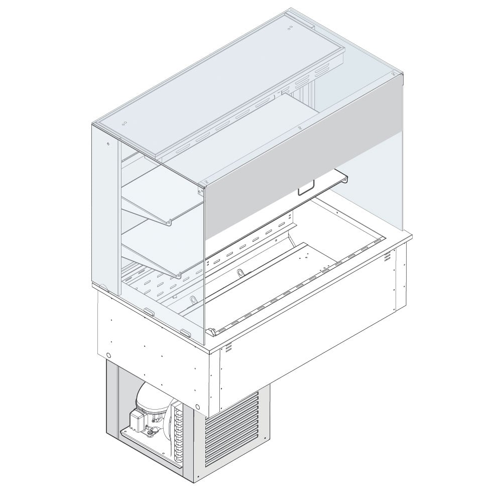 Refrigerated square display 2 levels on ventilated tank, cooling unit, customers side curtain, 5x GN 1/1
