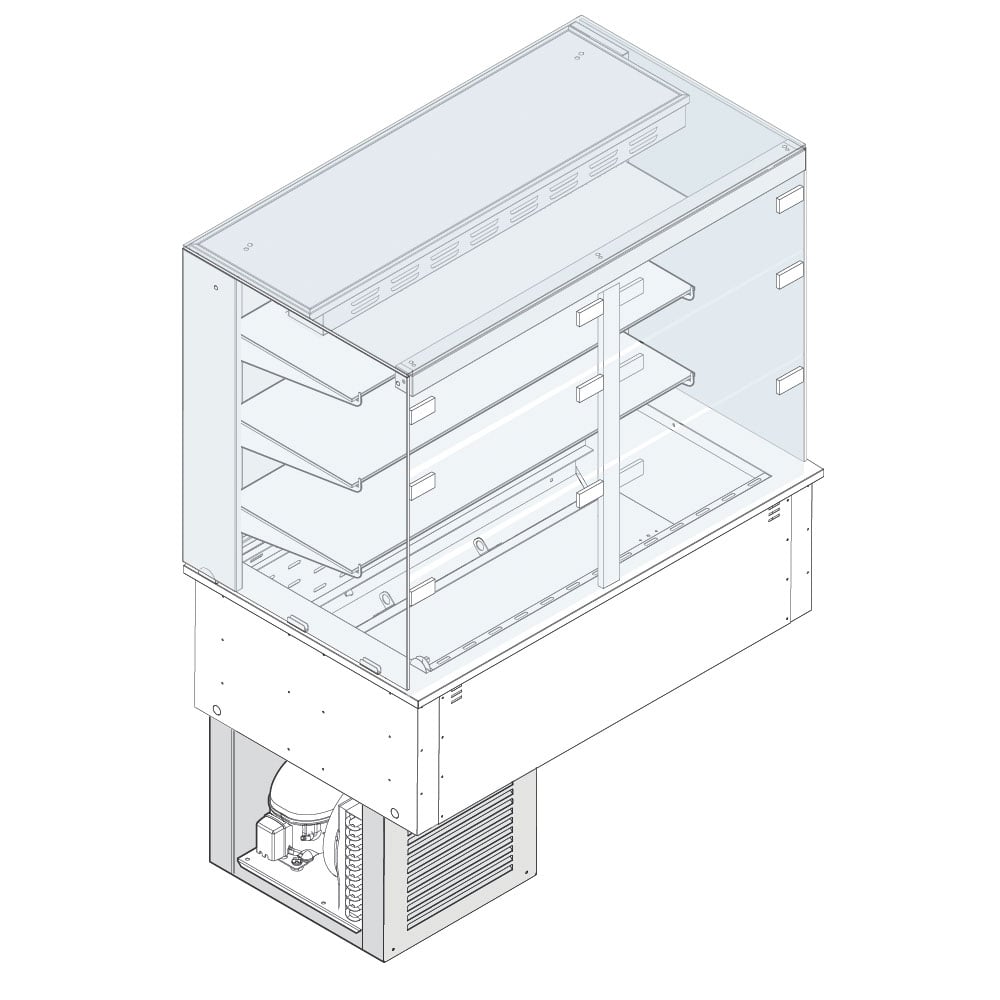 Refrigerated square display 3 levels on ventilated tank, cooling unit, customers side flaps, 2x GN 1/1