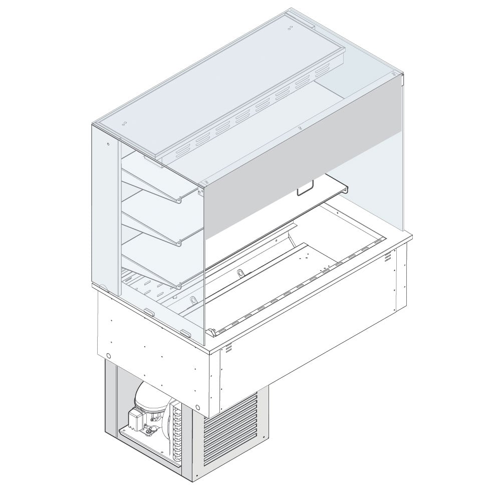 Refrigerated square display 3 levels on ventilated tank, cooling unit, customers side curtain, 4x GN 1/1