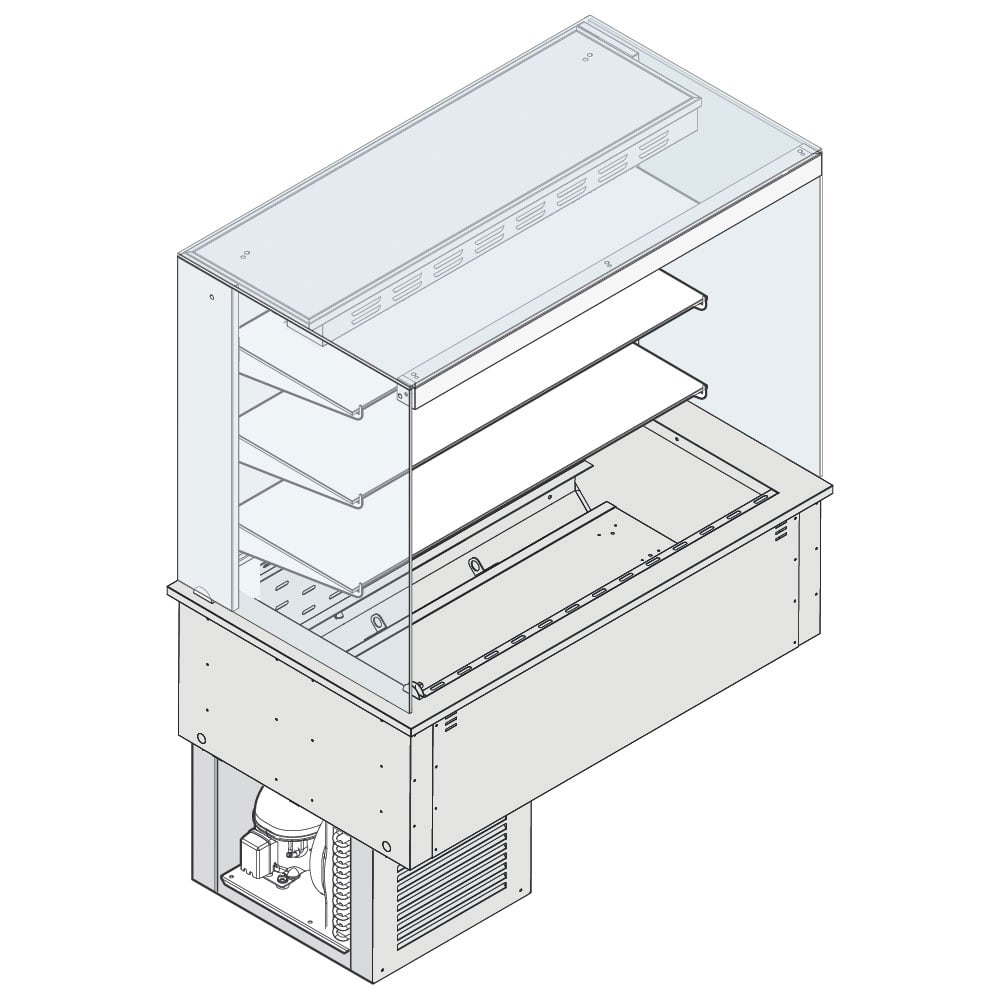 Refrigerated square wall display 3 levels on refrigerated ventilated tank, cooling unit, 5x GN 1/1