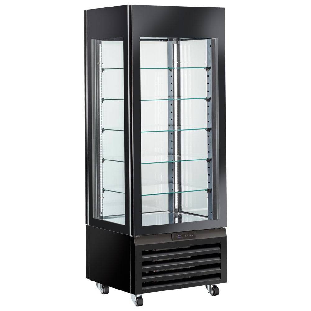 Refrigerated ventilated display for ice cream with 5 glass shelves, 700 mm, -22°/+5°C - black