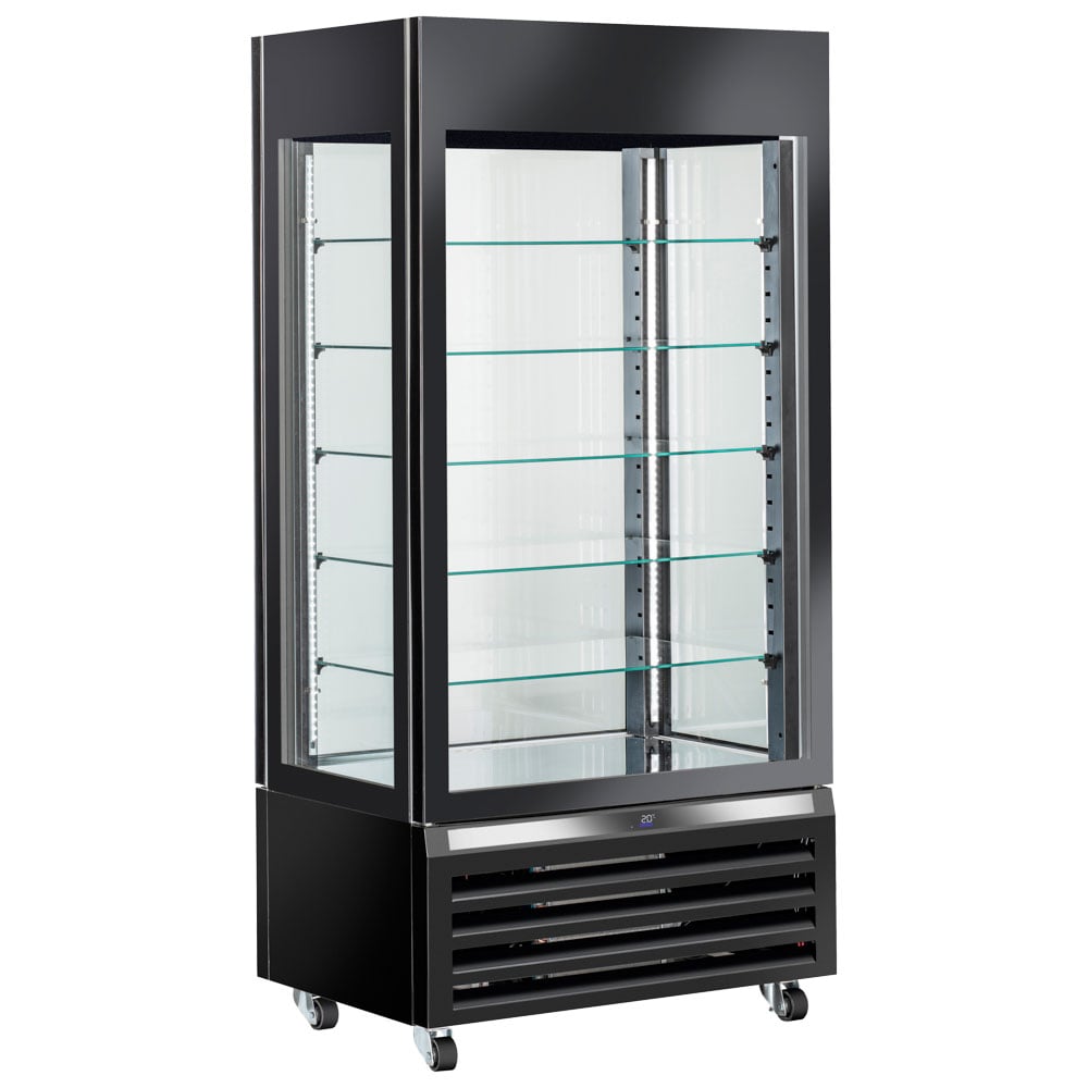 Refrigerated ventilated display for pastry with 5 glass shelves, 900 mm, -2°/+10°C - black