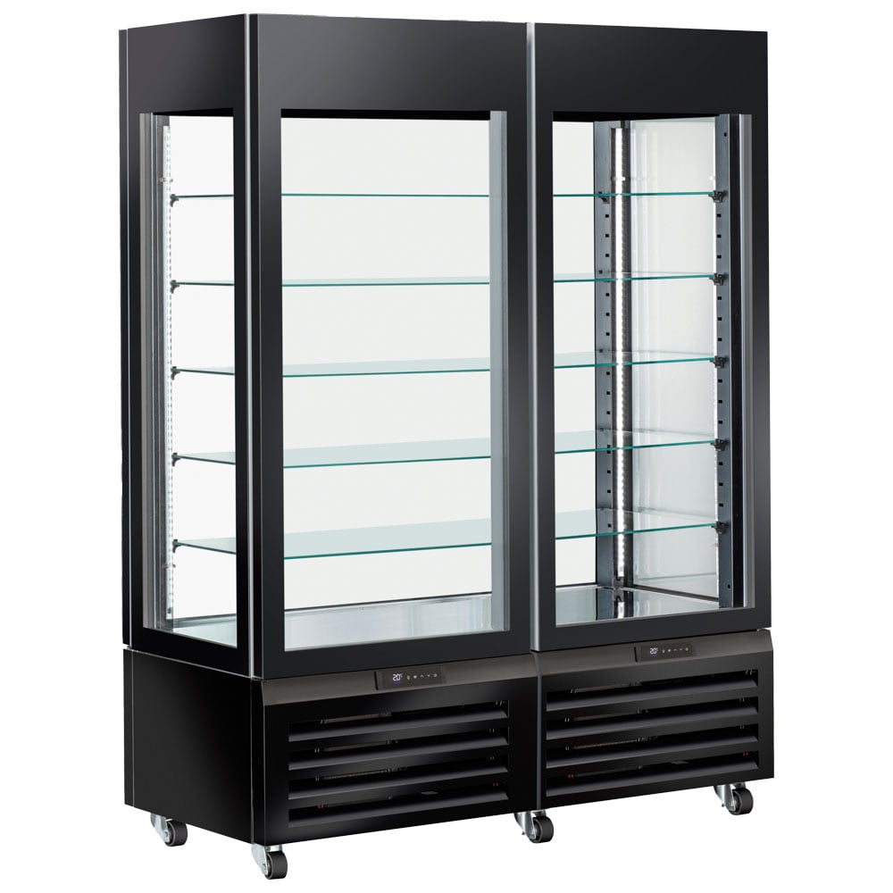 Refrigerated ventilated display for pastry with 5 glass shelves, 1420 mm, -2°/+10°C - black