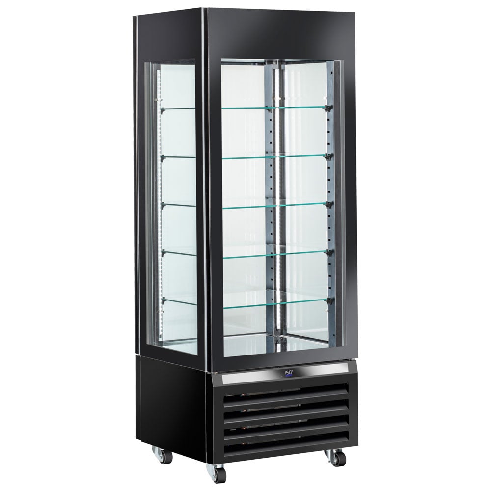 Refrigerated ventilated display for chocolate with 5 glass shelves, 700 mm, +15°/+18°C - black