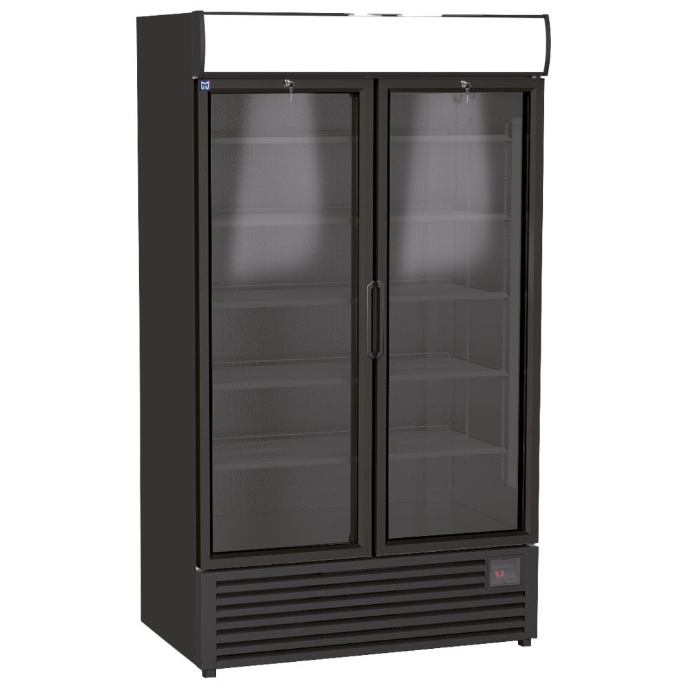 Upright bottle cooler 1140 litres with 2 glass doors and canopy lighting, +1°/+9°C - Color black
