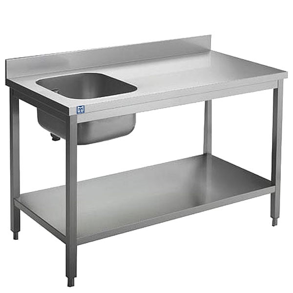 Work table with sink on the left, with shelf and upstand, 2000x700 mm