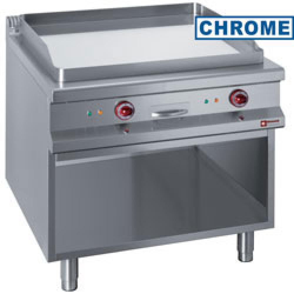 Smooth electric fry top, chromium-plated, open cupboard