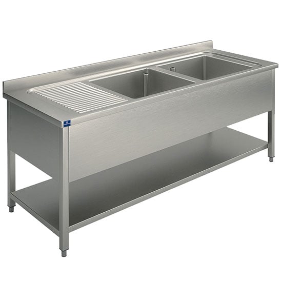 Sink unit, 2 sinks, draining board on the left, on legs, with lower shelf, 1800x700 mm