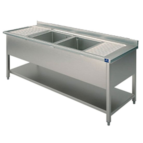 Sink unit, 2 sinks, 2 draining boards, on legs, with lower shelf, 2000x700 mm