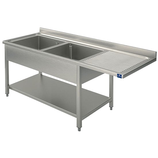 sink unit on legs with lower shelf for built-in dishwasher, 2 left sinks, 1600x700 mm