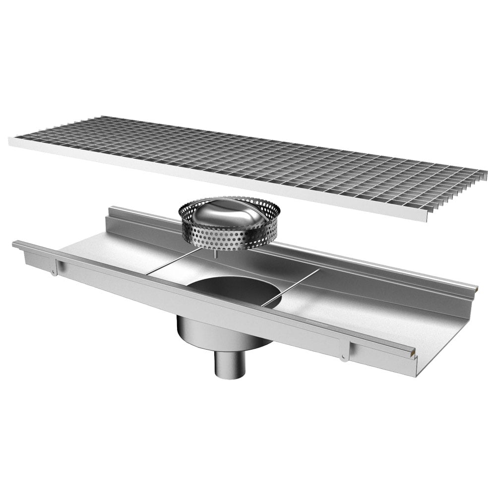 Floor gutter with grating, vertical discharge ø 63 mm and round filter, 1050x300x150 mm