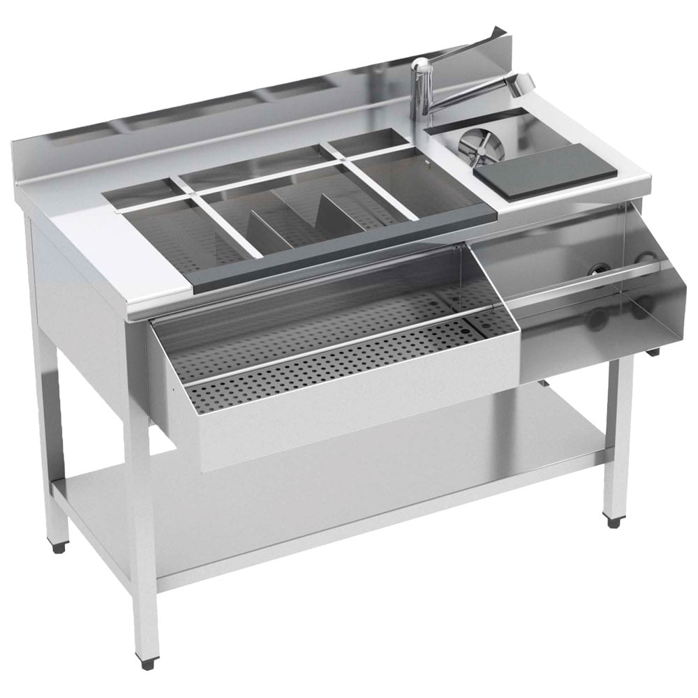 Cocktail bar station neutral with ice bowl, bottle holder, mixer rack, sink, 1200x720 mm