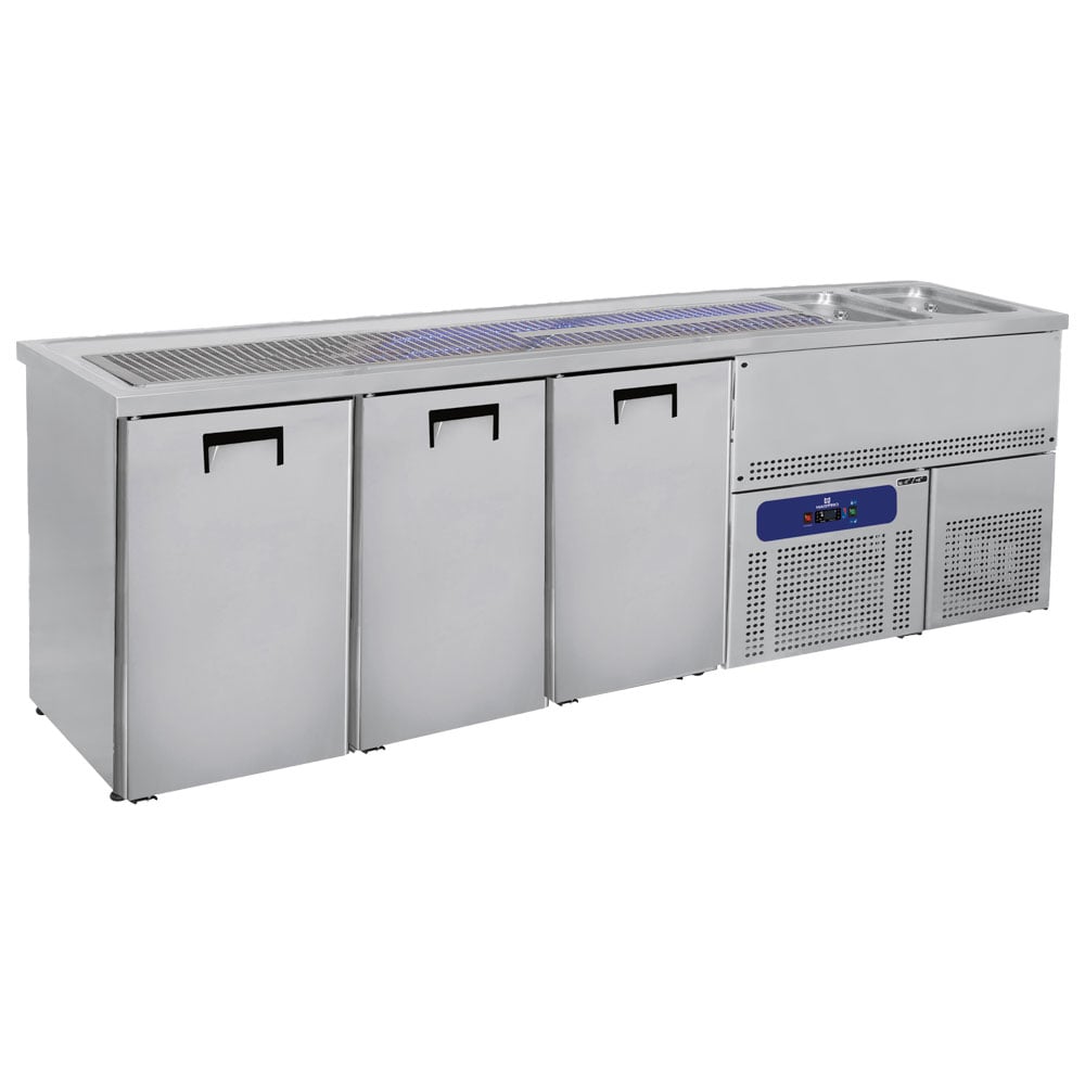 Serving counter with 2 bowls right and 3 doors for kegs of 50 litres