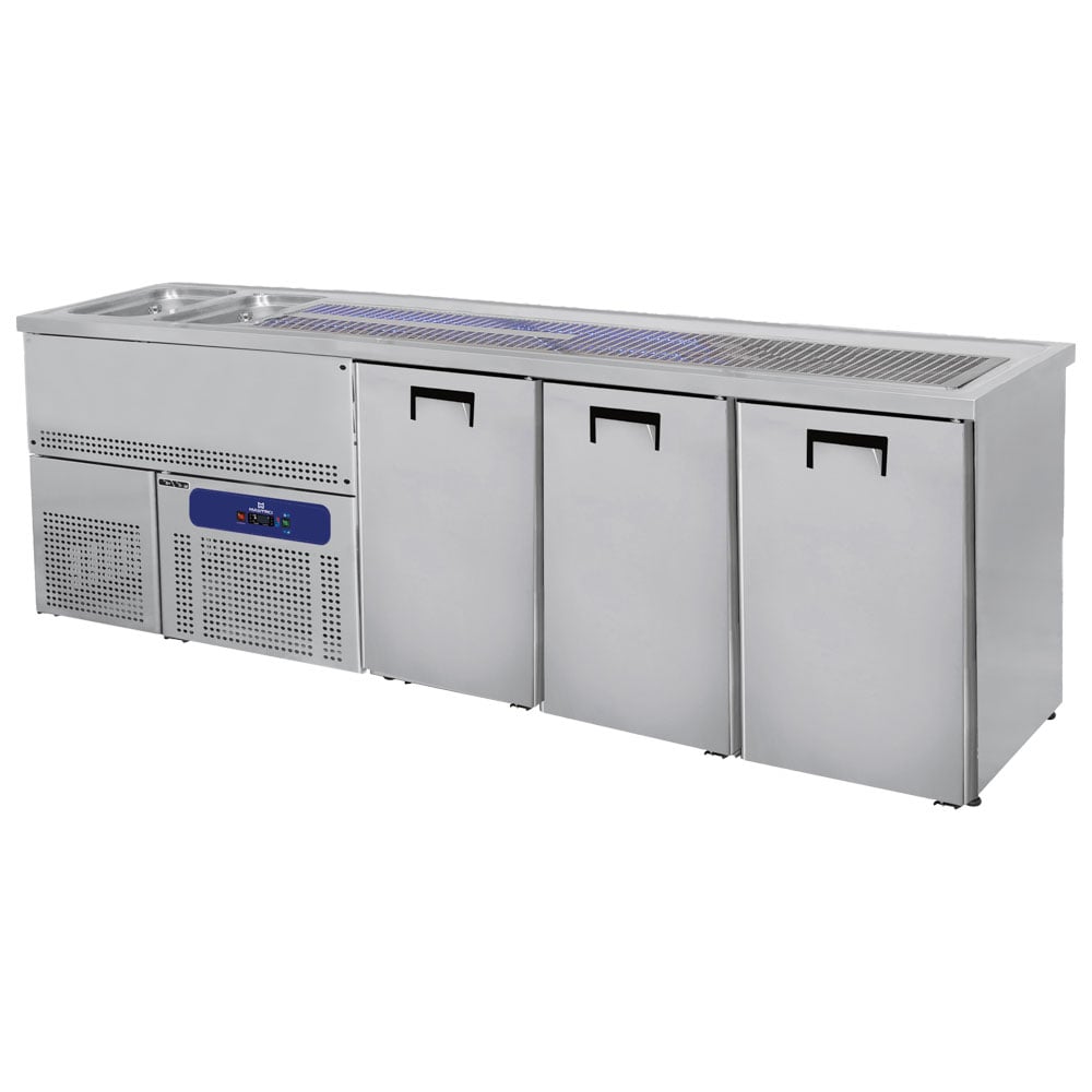 Serving counter with 2 bowls left and 3 doors for kegs of 50 litres