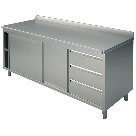 Neutral work cupboard with drawer unit on the right side, with sliding doors and upstand, 1600x700 mm