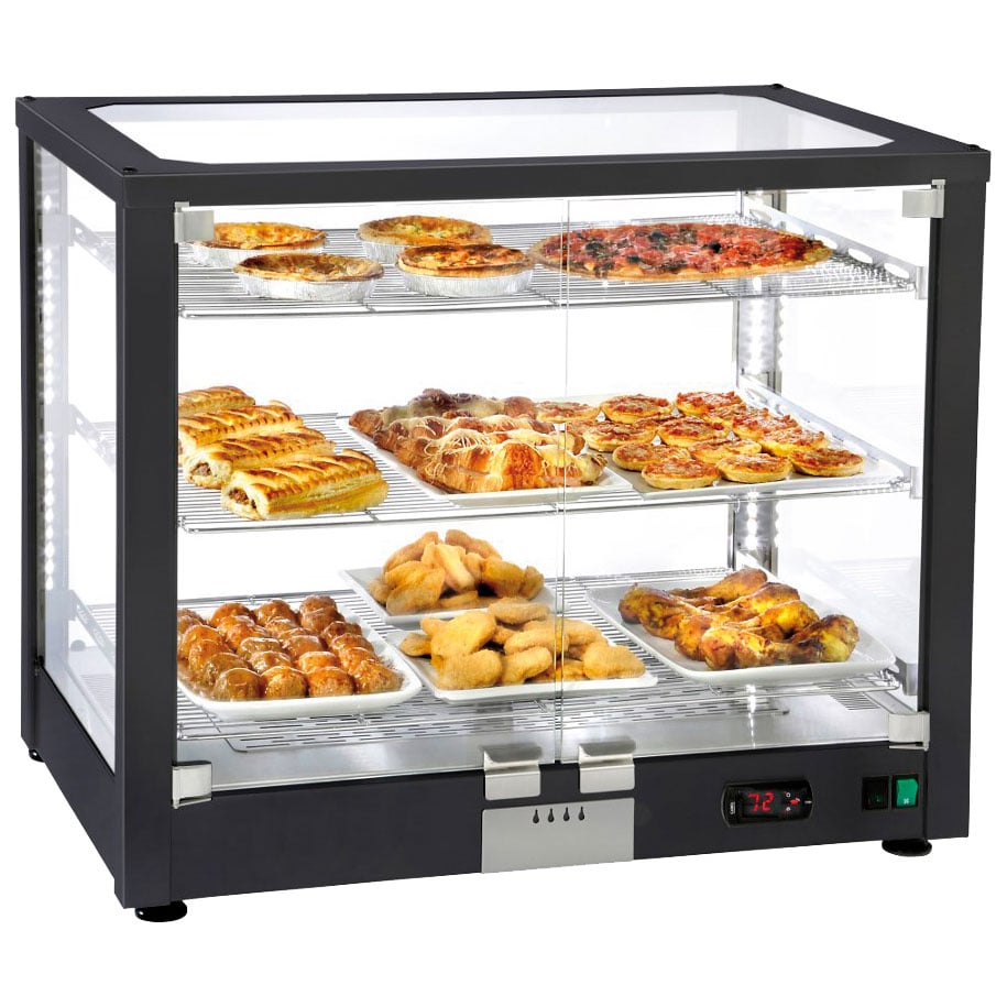 Heated counter display with 3 levels and hinged doors, +20°/+90°C