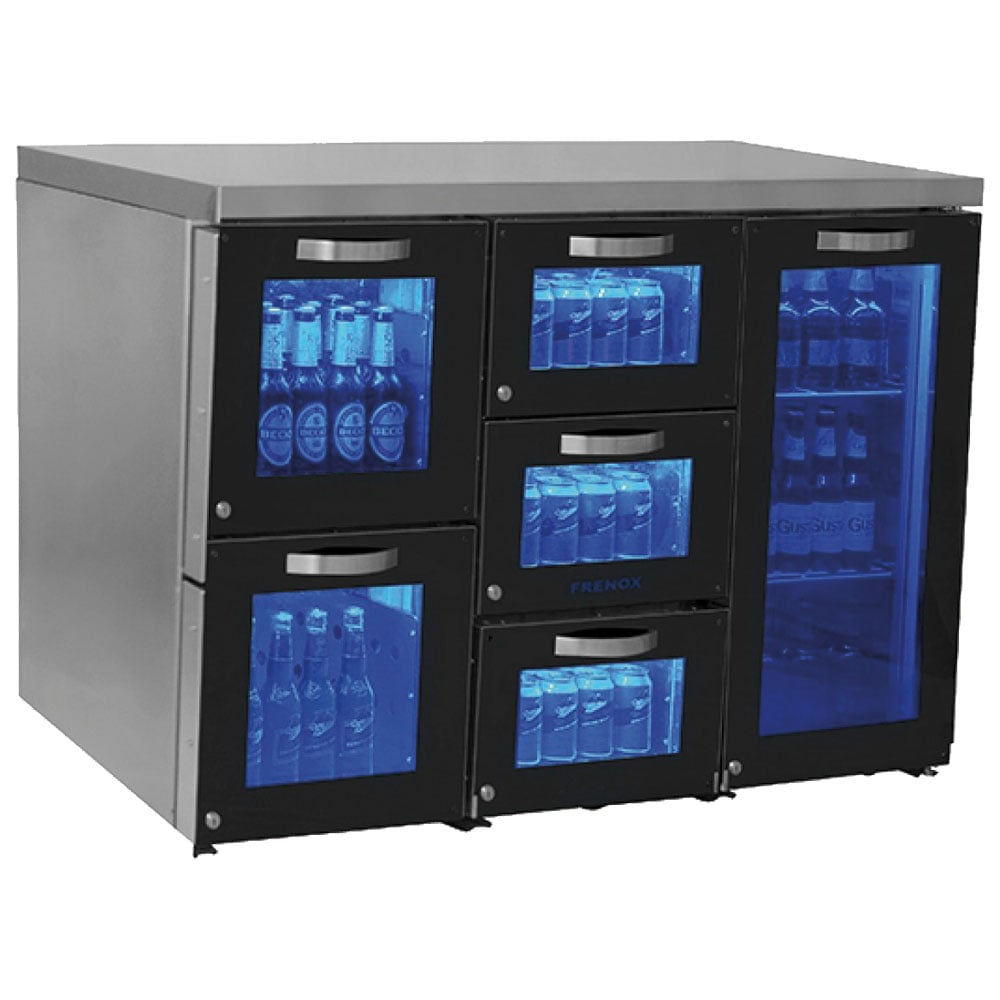 Undercounter refrigerator right side with 1 hinged glass door and 5 glass drawers, 120 bottles