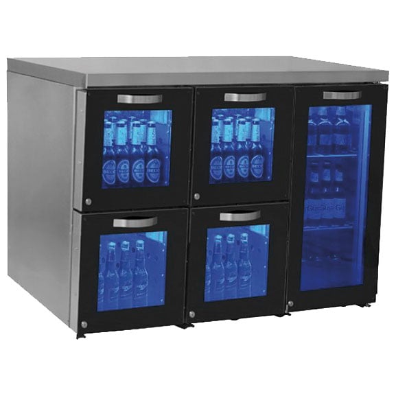 Undercounter refrigerator left side with 1 hinged glass door and 4 glass drawers, 120 bottles