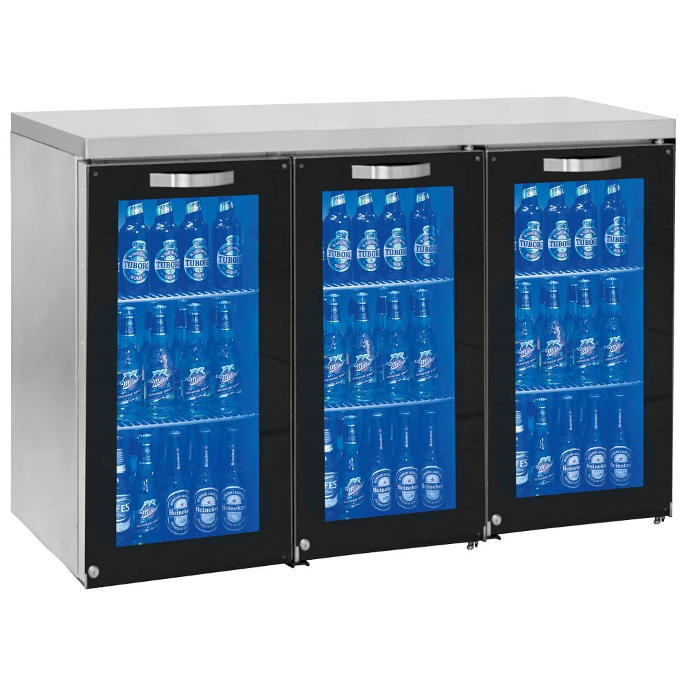 Undercounter refrigerator right side with 3 hinged glass doors, 90/120 bottles