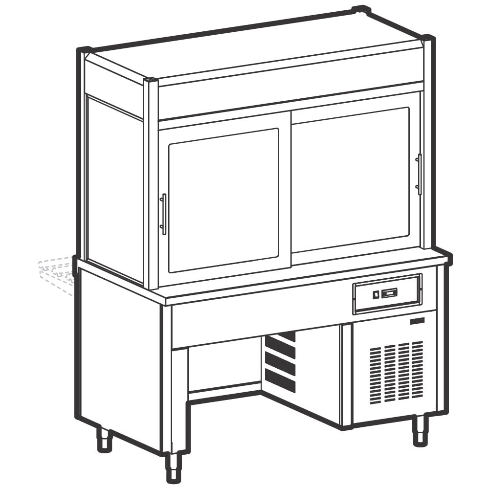 Refrigerated display unit 3 levels, refrigerated top on bridge stand, customer's side curtain, 3x GN 1/1