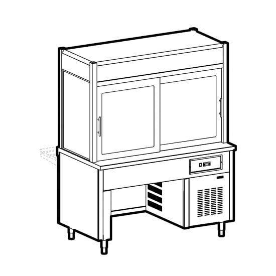Refrigerated display unit 3 levels, refrigerated top on bridge stand, customer's side curtain, 6x GN 1/1
