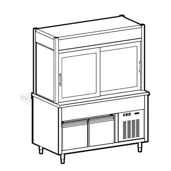 Refrigerated display unit 3 levels, top on refrigerated cupboard, customer's side curtain, 5x GN 1/1