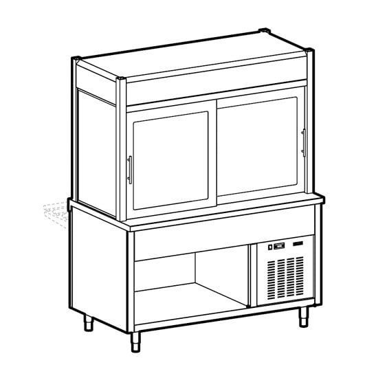 Refrigerated display unit 3 levels, refrigerated tank on open cupboard, customer's side curtain,6x GN 1/1