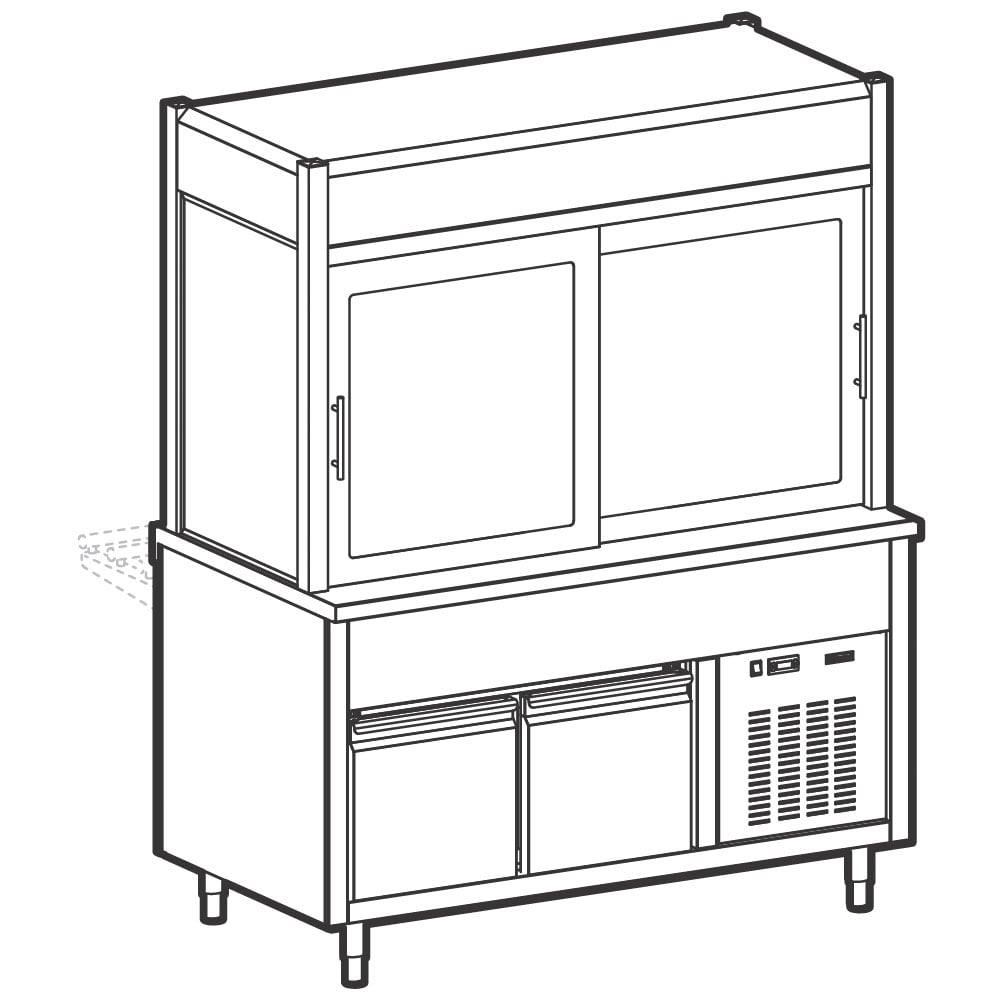 Refrigerated display unit 3 levels, tank on refrigerated cupboard, on customer's side curtain, 5x GN 1/1