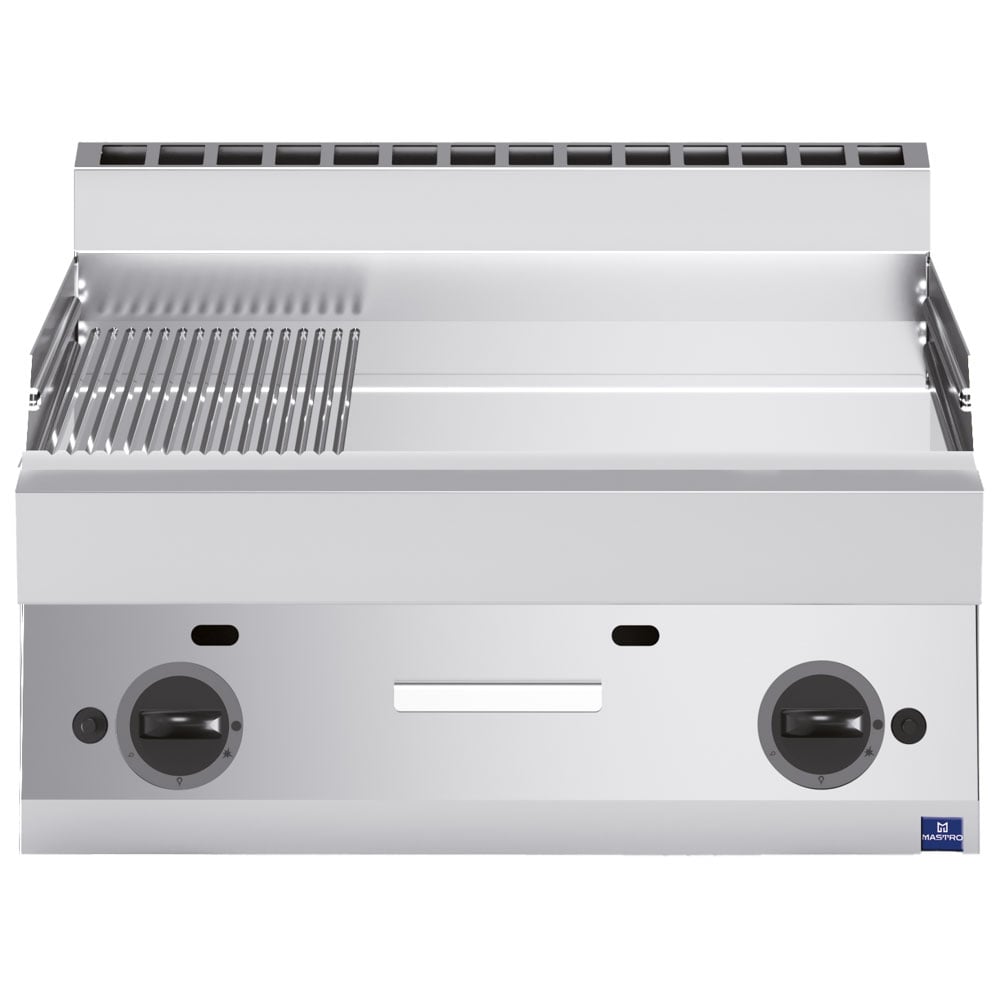 Gas griddle, tabletop, 1/3 grooved and 2/3 smooth chromed plate
