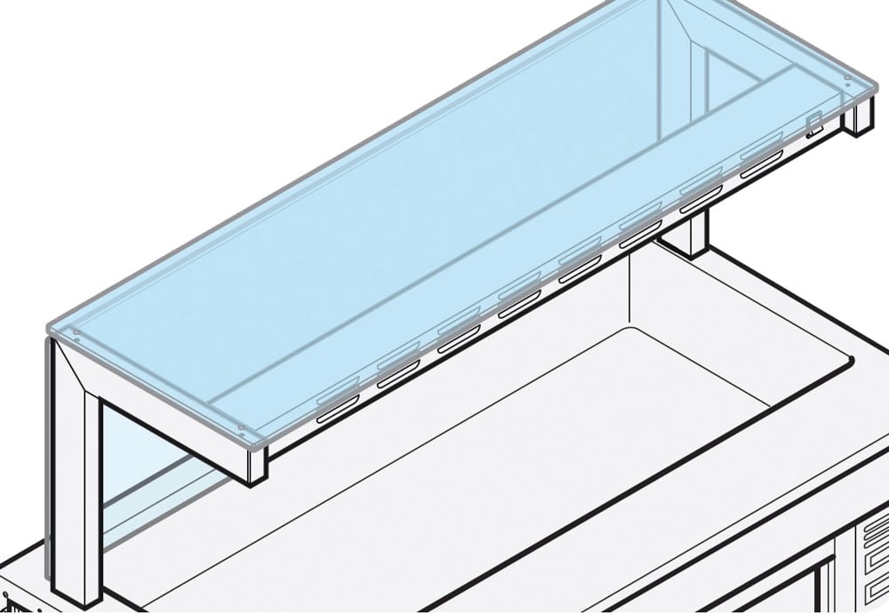 1-tier overshelf with straight glass + front breath-saving glass, 2300x400 mm