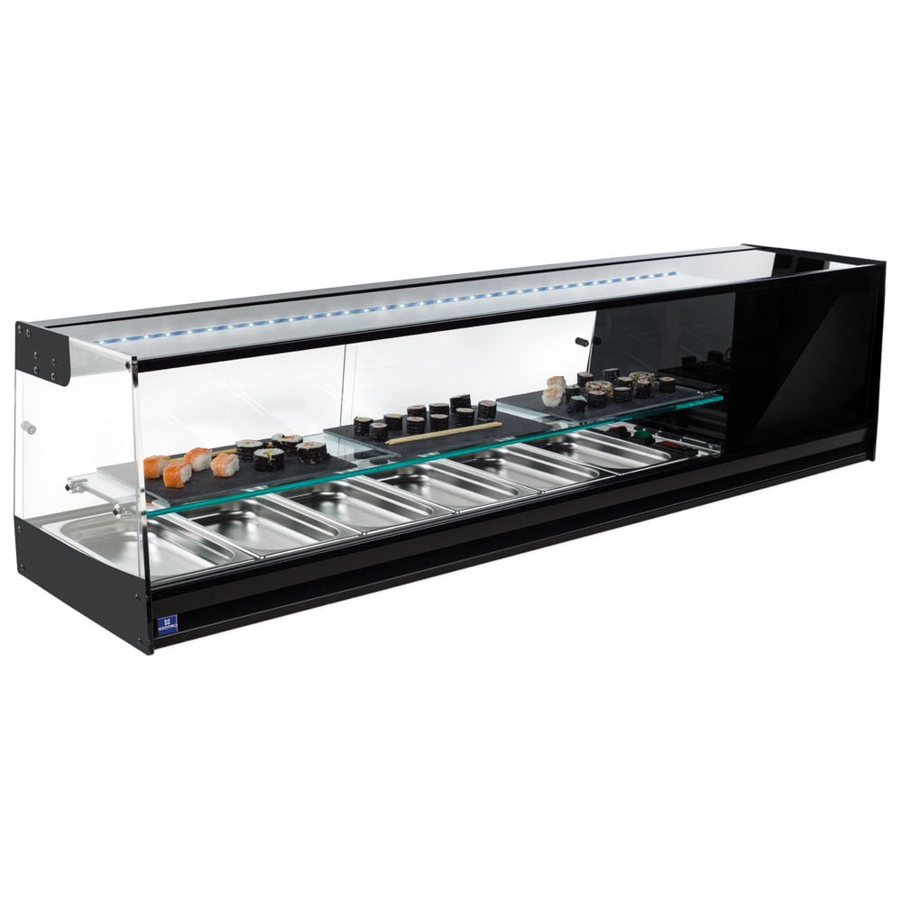 Sushi cooler display with straight glass front and 1 glass shelf, 6x GN 1/3 h=40 mm