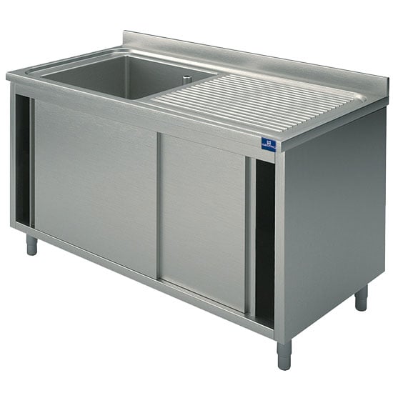 sink unit on cupboard, 1 sink, right draining board, with sliding doors, 1500x700 mm