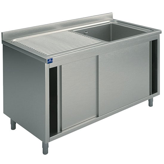 sink unit on cupboard, 1 sink, left draining board, with sliding doors, 1400x700 mm