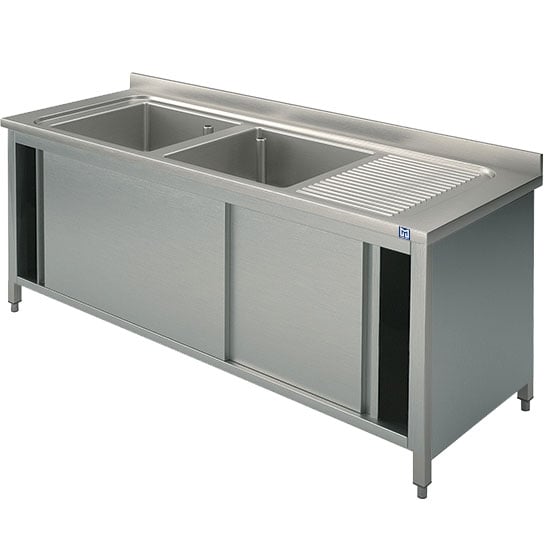 sink unit on cupboard, 2 sinks + right draining board, with sliding doors, 1400x600 mm