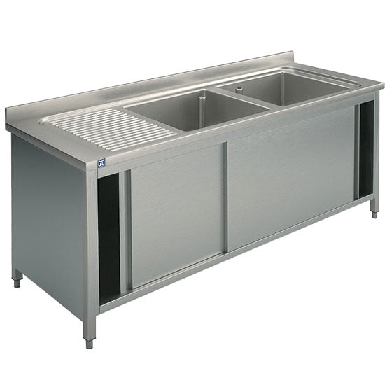 sink unit on cupboard, 2 sinks + left draining board, with sliding doors, 1800x600 mm