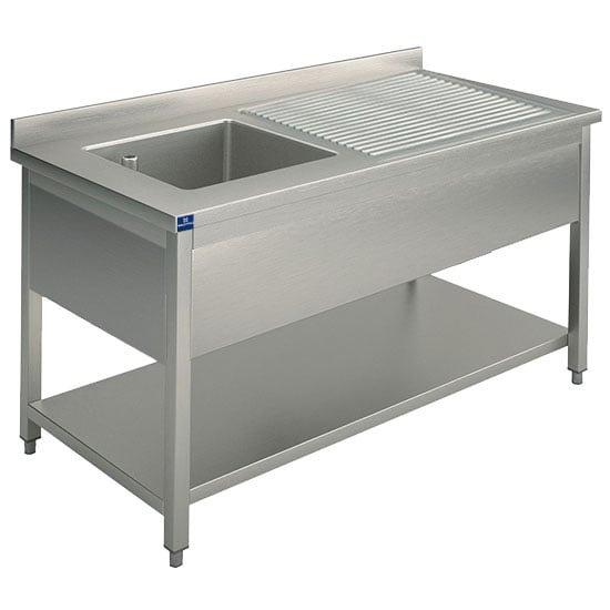 Sink unit, 1 sink, draining board on the right, on legs, with lower shelf, 1000x700 mm