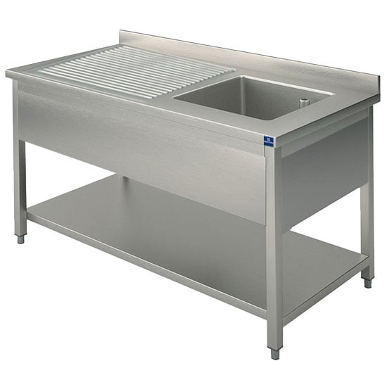 Sink unit, 1 sink, draining board on the left, on legs, with lower shelf, 1300x700 mm